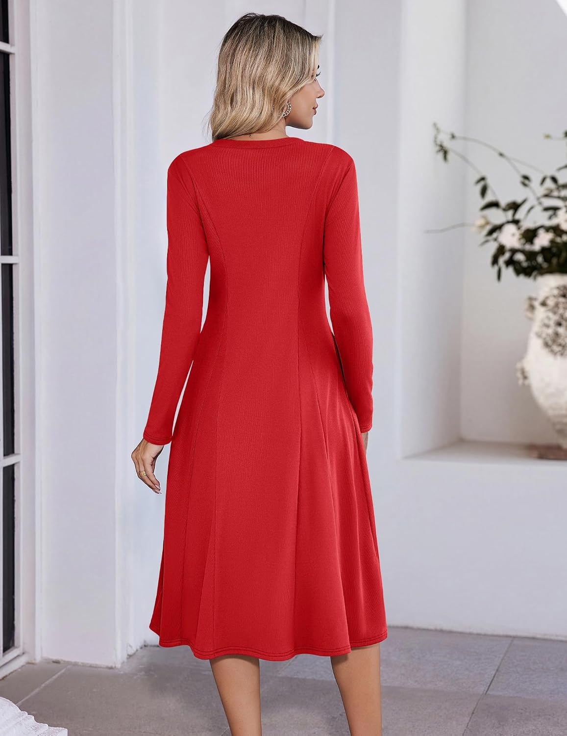 image:imageZeagoo Womens Sweater Dress Long Sleeve Ribbed Knit Flowy Midi Fall DressesRed