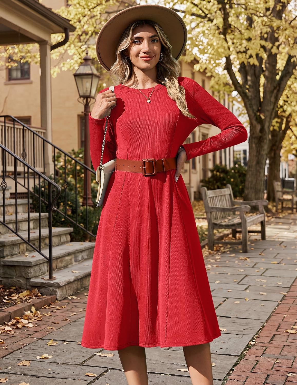 image:imageZeagoo Womens Sweater Dress Long Sleeve Ribbed Knit Flowy Midi Fall DressesRed