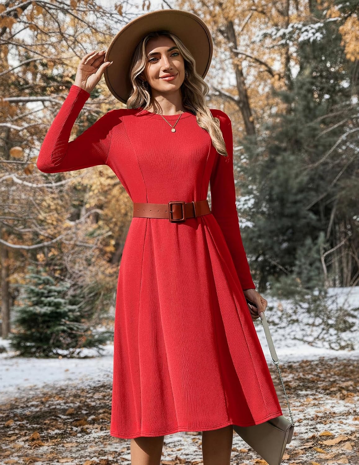 image:imageZeagoo Womens Sweater Dress Long Sleeve Ribbed Knit Flowy Midi Fall DressesRed