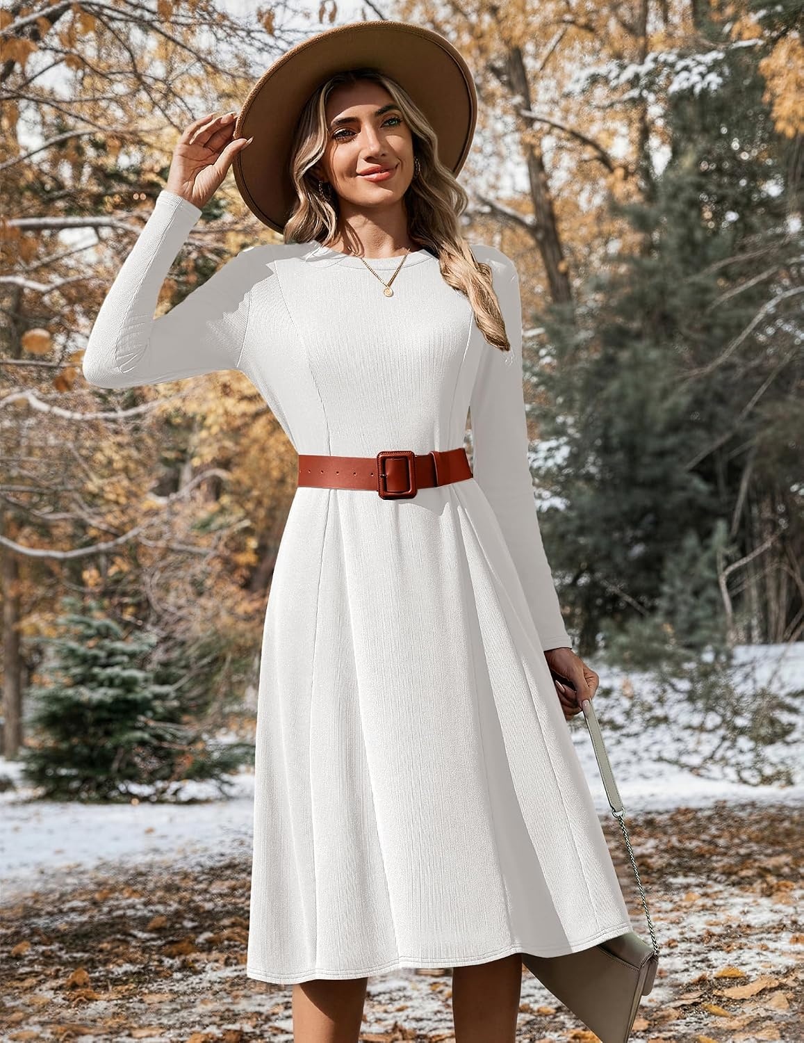 image:imageZeagoo Womens Sweater Dress Long Sleeve Ribbed Knit Flowy Midi Fall DressesWhite