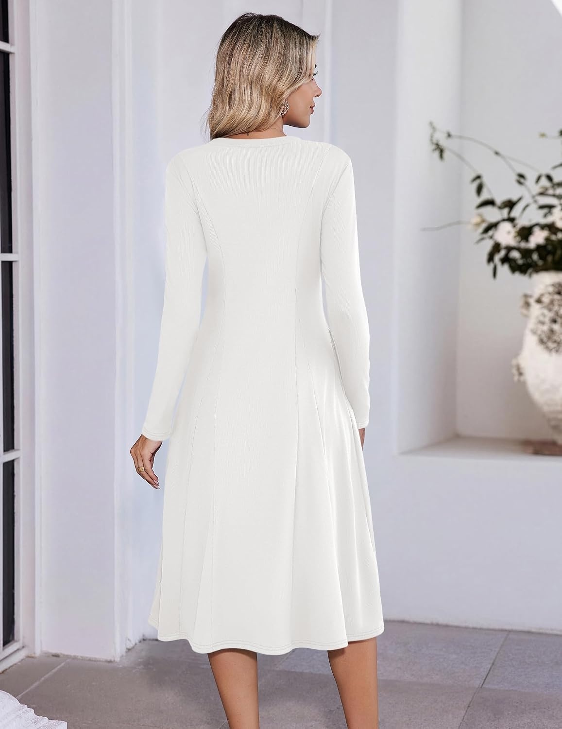 image:imageZeagoo Womens Sweater Dress Long Sleeve Ribbed Knit Flowy Midi Fall DressesWhite