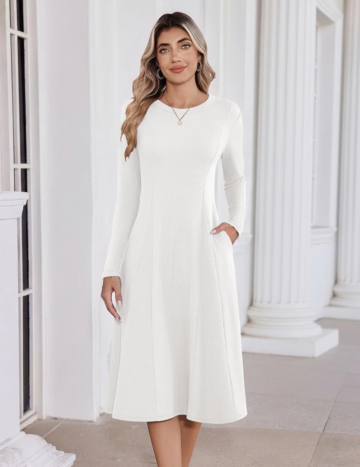 image:imageZeagoo Womens Sweater Dress Long Sleeve Ribbed Knit Flowy Midi Fall DressesWhite