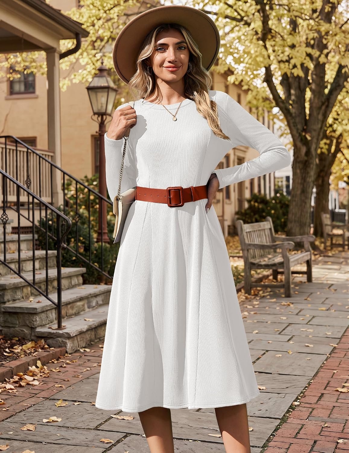 image:imageZeagoo Womens Sweater Dress Long Sleeve Ribbed Knit Flowy Midi Fall DressesWhite