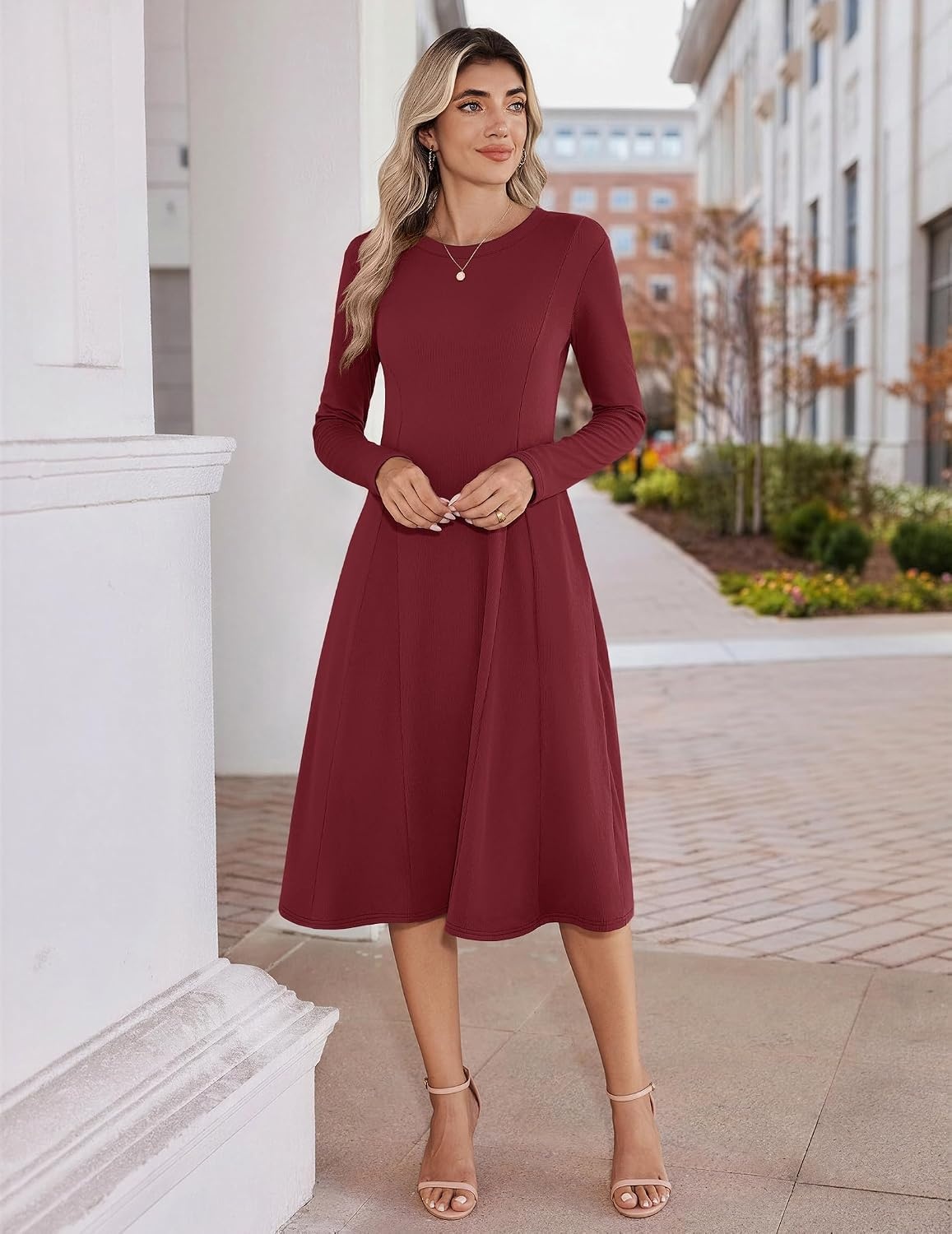 image:imageZeagoo Womens Sweater Dress Long Sleeve Ribbed Knit Flowy Midi Fall DressesWine Red