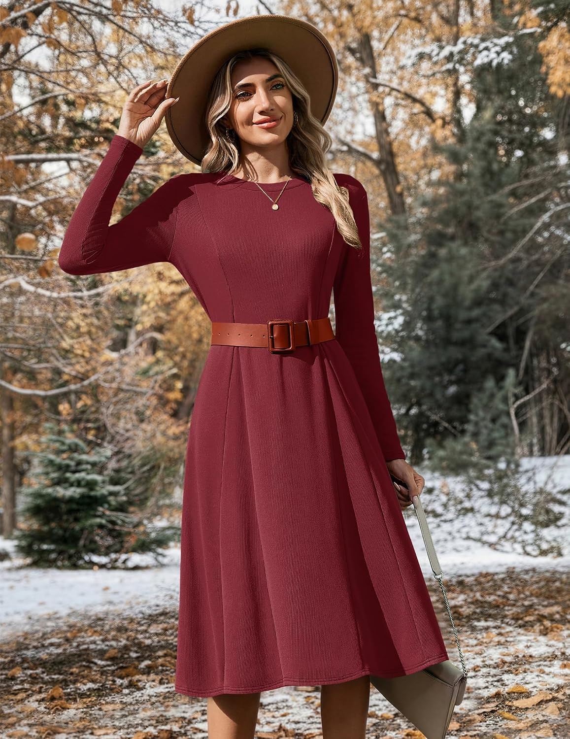 image:imageZeagoo Womens Sweater Dress Long Sleeve Ribbed Knit Flowy Midi Fall DressesWine Red