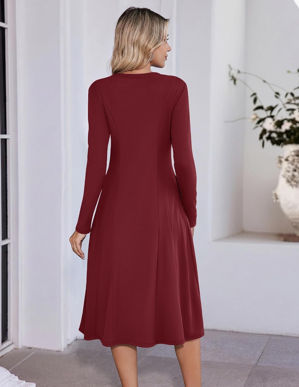 image:imageZeagoo Womens Sweater Dress Long Sleeve Ribbed Knit Flowy Midi Fall DressesWine Red