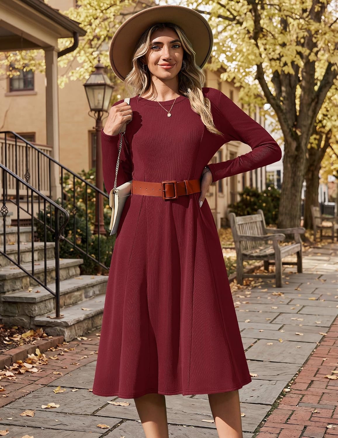 image:imageZeagoo Womens Sweater Dress Long Sleeve Ribbed Knit Flowy Midi Fall DressesWine Red