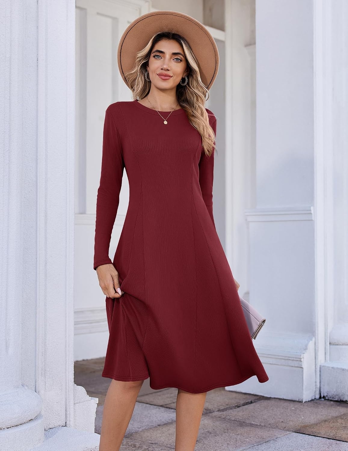 image:imageZeagoo Womens Sweater Dress Long Sleeve Ribbed Knit Flowy Midi Fall DressesWine Red