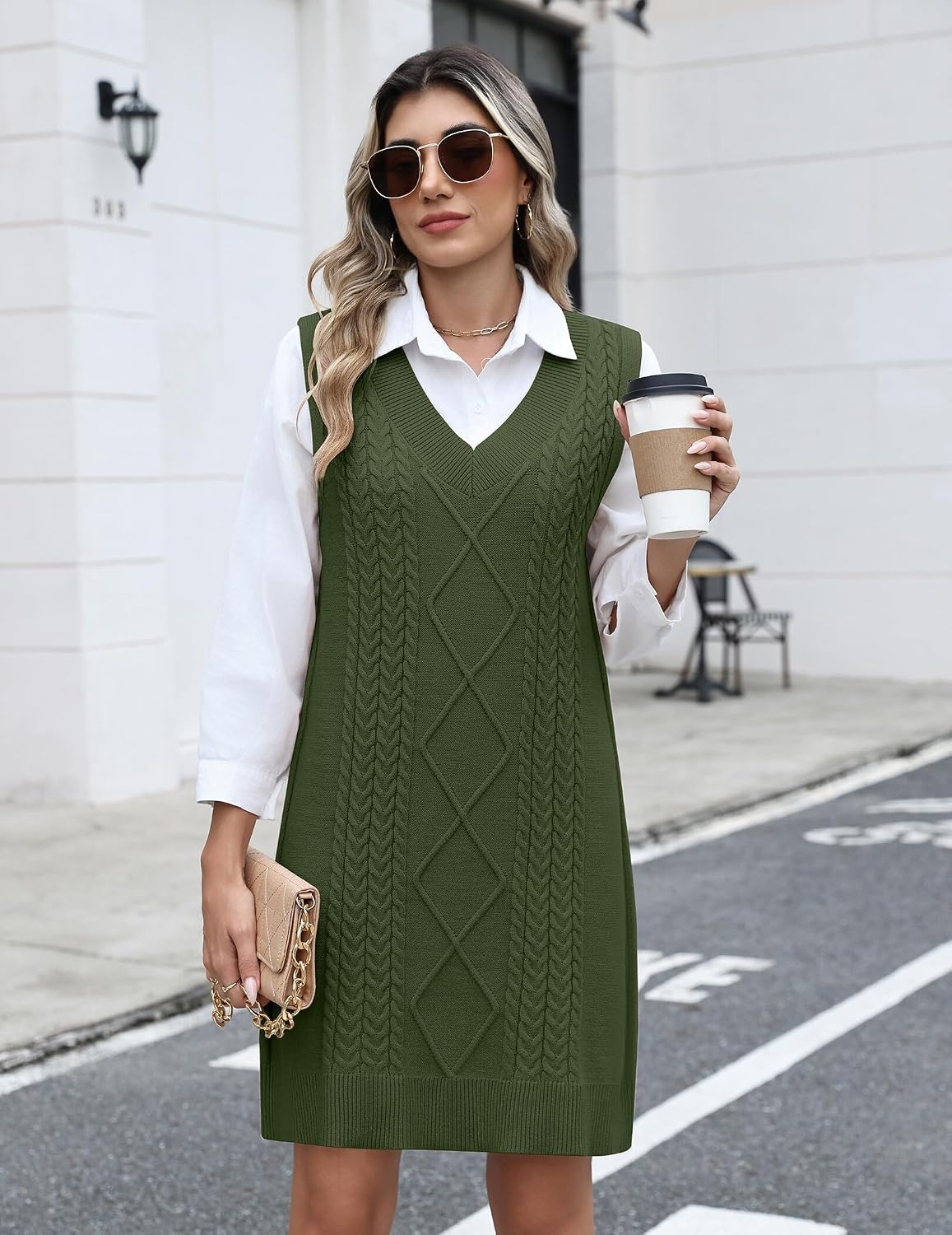 image:imageZeagoo Womens Sweater Vest Dresses Fall Knit V Neck Pullover Sweaters 2026Army Green