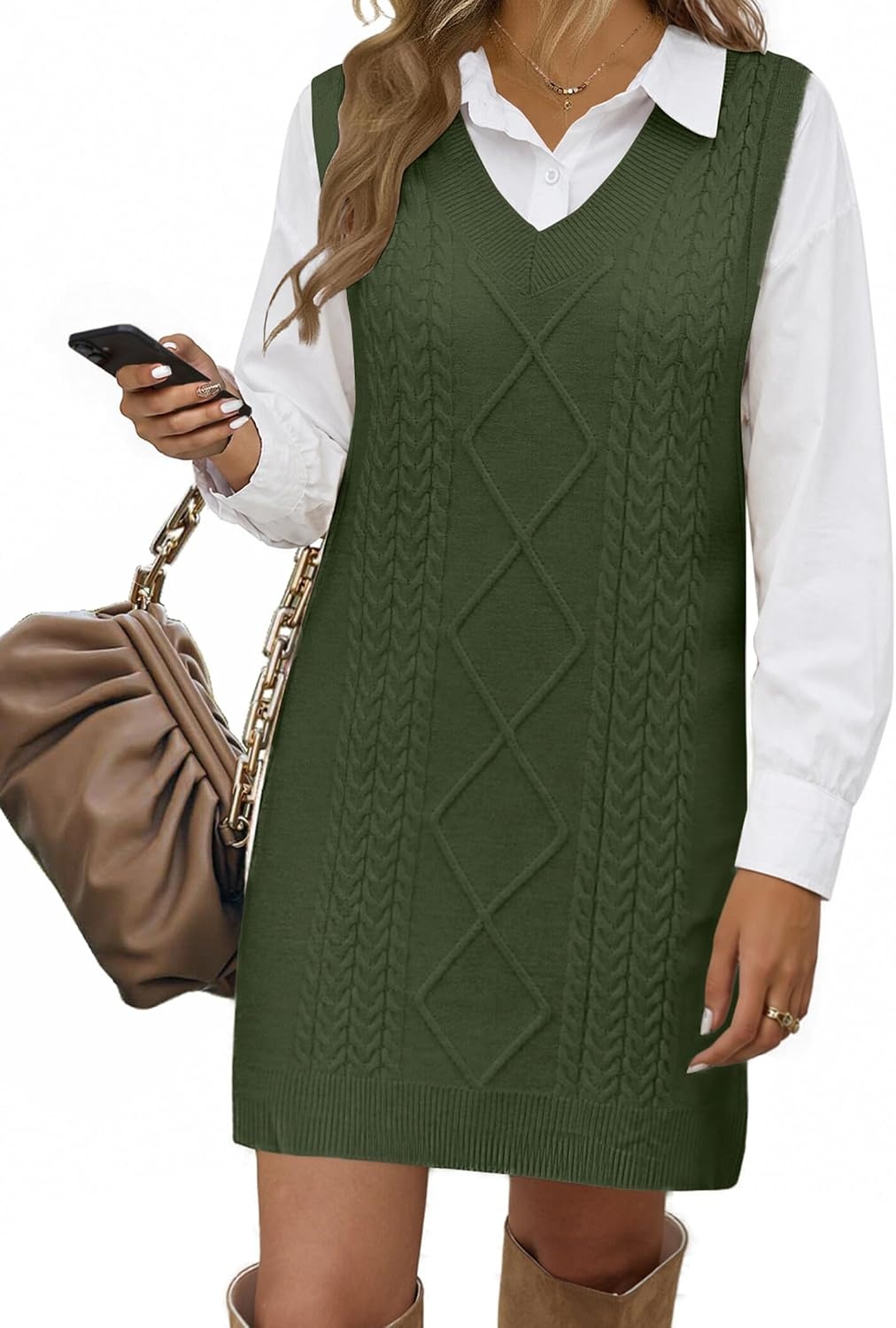image:imageZeagoo Womens Sweater Vest Dresses Fall Knit V Neck Pullover Sweaters 2026Army Green