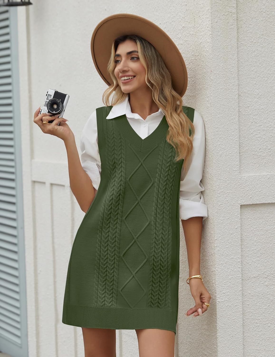 image:imageZeagoo Womens Sweater Vest Dresses Fall Knit V Neck Pullover Sweaters 2026Army Green
