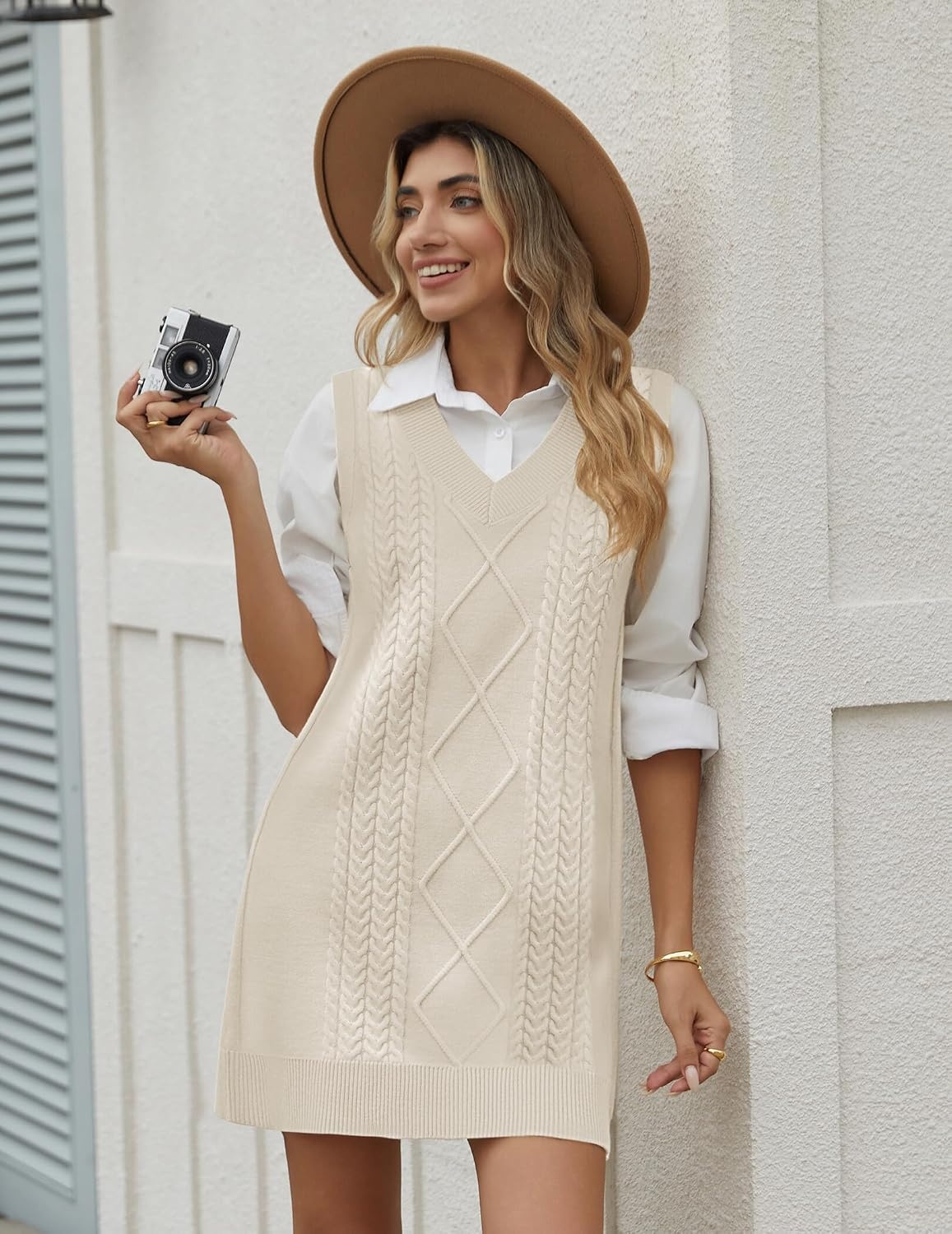 image:imageZeagoo Womens Sweater Vest Dresses Fall Knit V Neck Pullover Sweaters 2026Beige