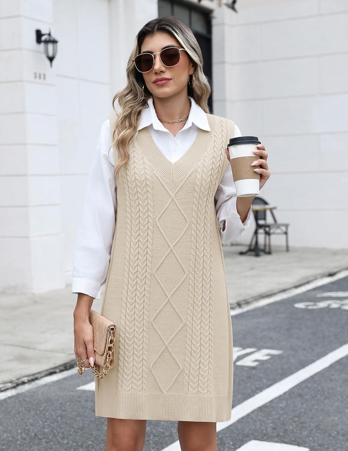 image:imageZeagoo Womens Sweater Vest Dresses Fall Knit V Neck Pullover Sweaters 2026Beige