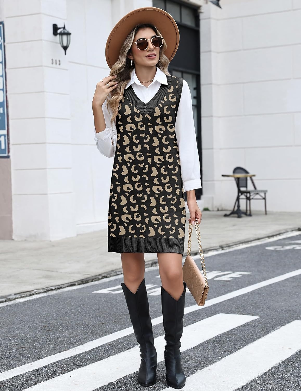 image:imageZeagoo Womens Sweater Vest Dresses Fall Knit V Neck Pullover Sweaters 2026Black Brownleopard Print