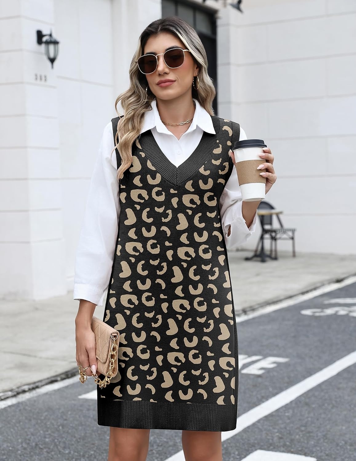 image:imageZeagoo Womens Sweater Vest Dresses Fall Knit V Neck Pullover Sweaters 2026Black Brownleopard Print