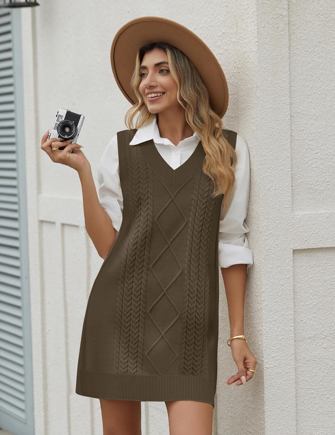 image:imageZeagoo Womens Sweater Vest Dresses Fall Knit V Neck Pullover Sweaters 2026Brown