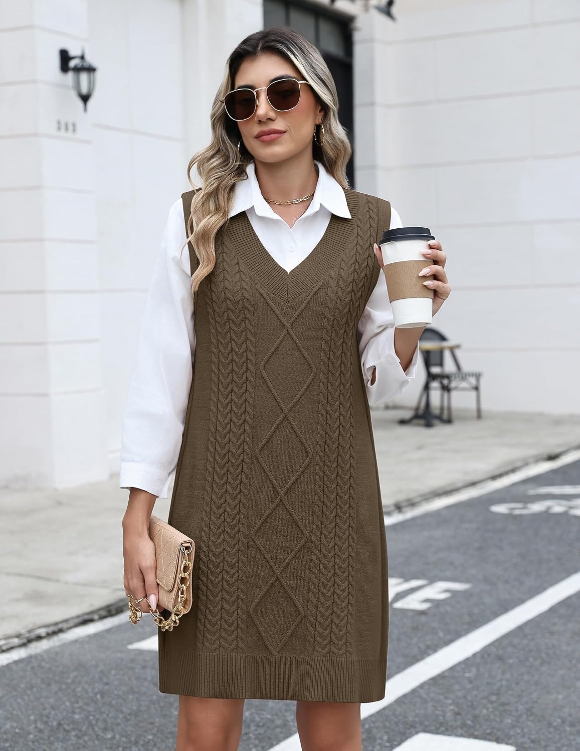 image:imageZeagoo Womens Sweater Vest Dresses Fall Knit V Neck Pullover Sweaters 2026Brown