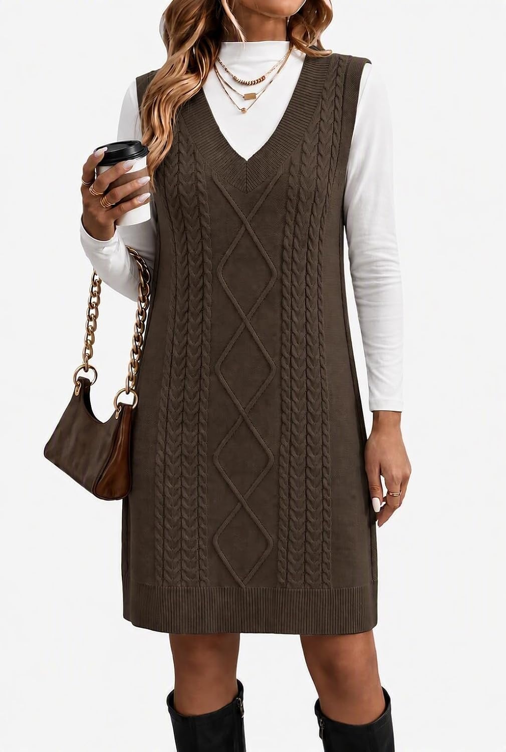 image:imageZeagoo Womens Sweater Vest Dresses Fall Knit V Neck Pullover Sweaters 2026Brown
