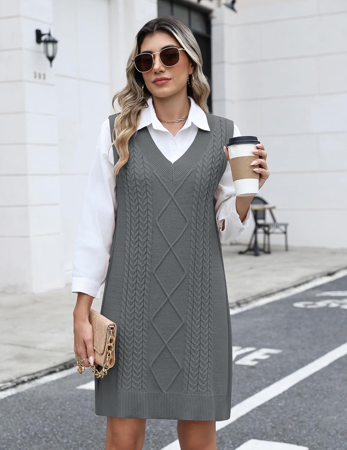 image:imageZeagoo Womens Sweater Vest Dresses Fall Knit V Neck Pullover Sweaters 2026Deep Grey