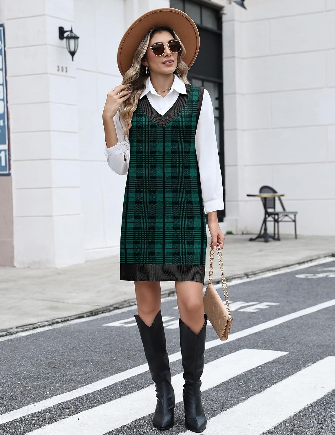 image:imageZeagoo Womens Sweater Vest Dresses Fall Knit V Neck Pullover Sweaters 2026Green Plaid Print