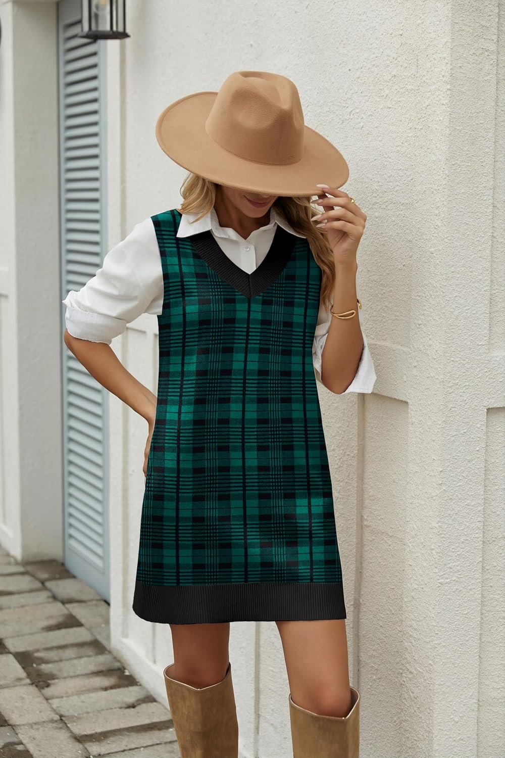 image:imageZeagoo Womens Sweater Vest Dresses Fall Knit V Neck Pullover Sweaters 2026Green Plaid Print
