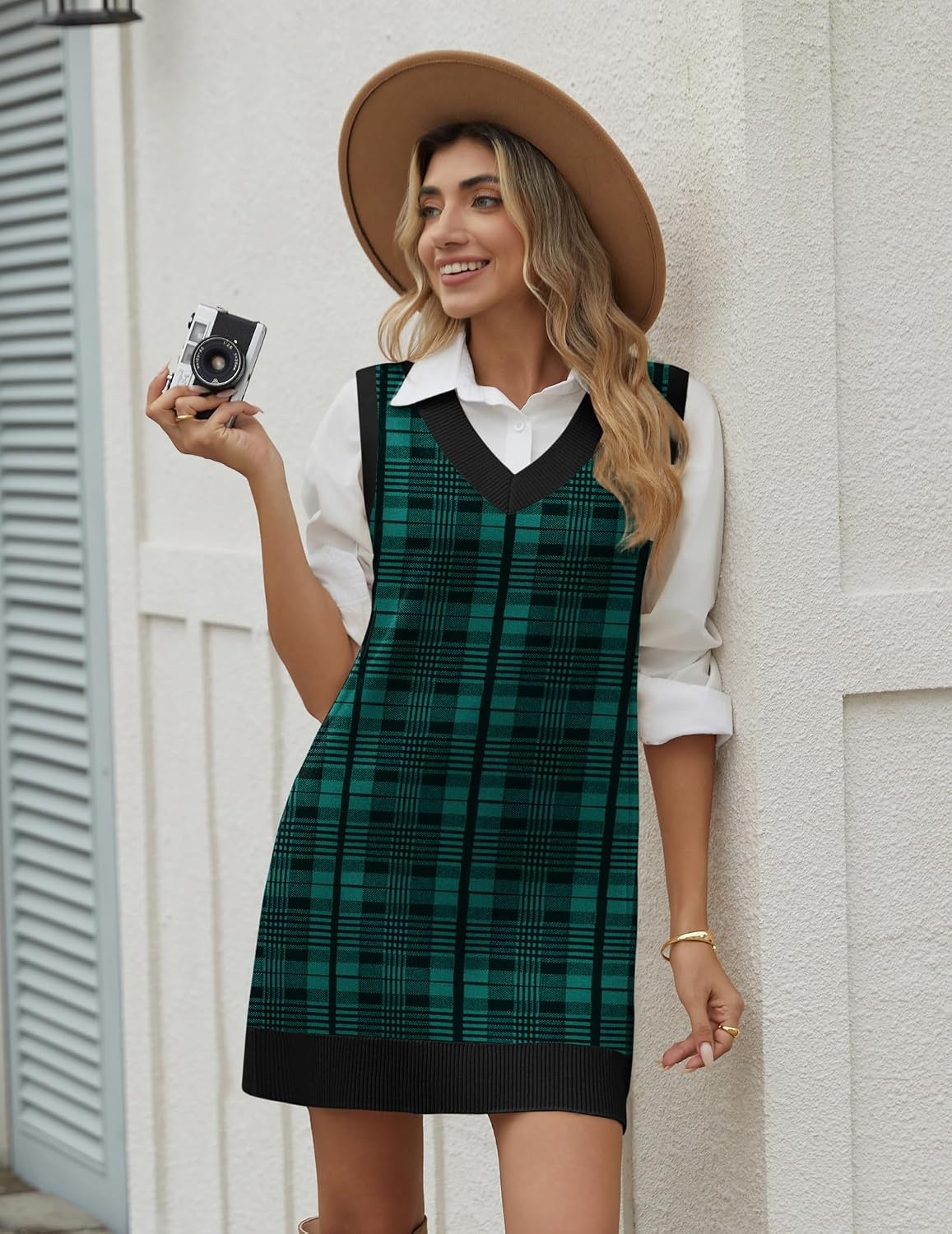 image:imageZeagoo Womens Sweater Vest Dresses Fall Knit V Neck Pullover Sweaters 2026Green Plaid Print