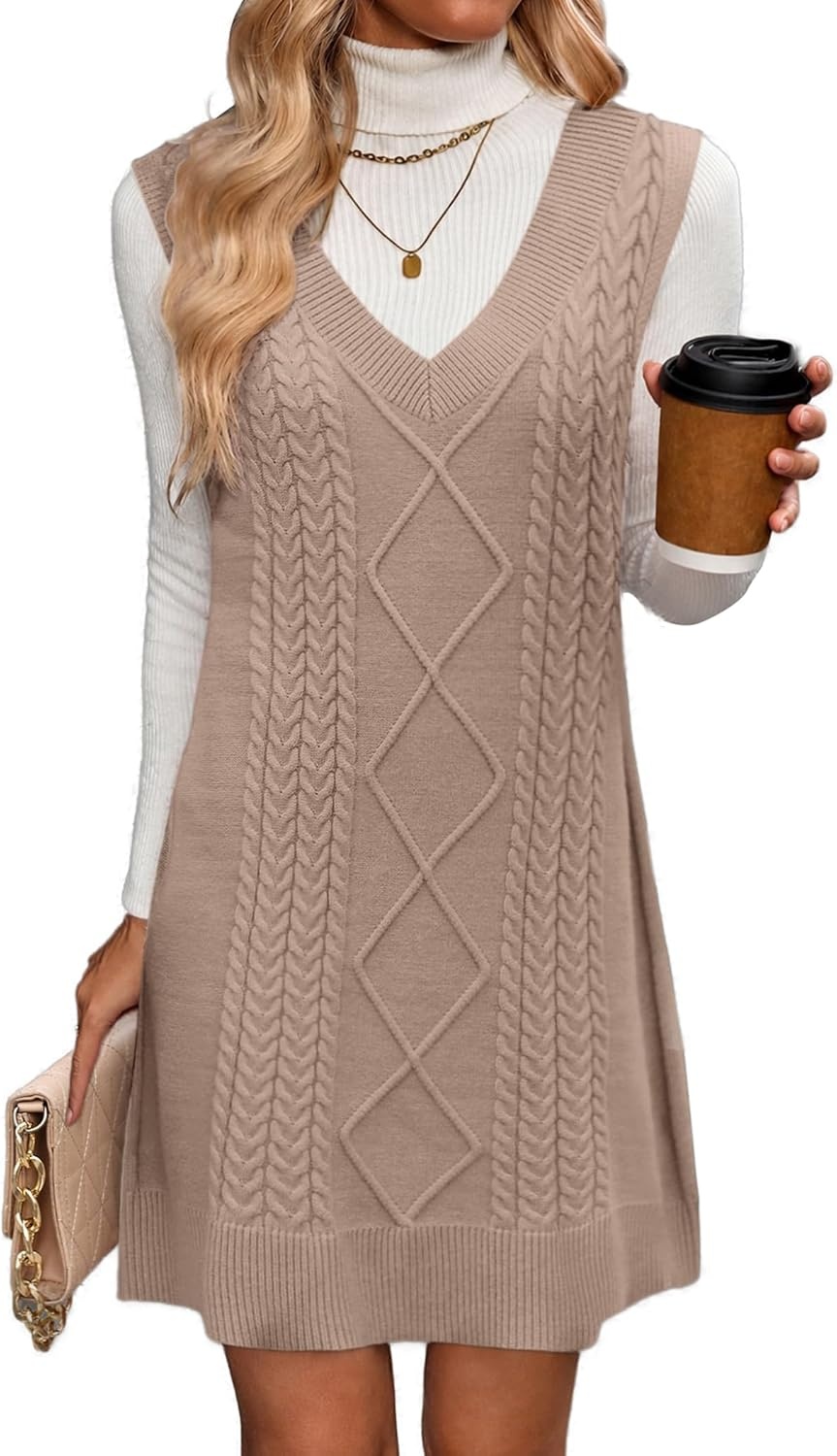 image:imageZeagoo Womens Sweater Vest Dresses Fall Knit V Neck Pullover Sweaters 2026Khaki