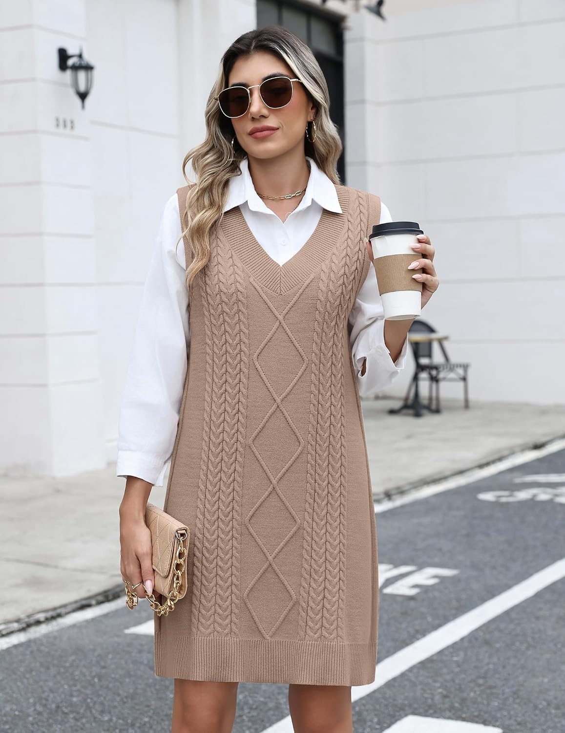 image:imageZeagoo Womens Sweater Vest Dresses Fall Knit V Neck Pullover Sweaters 2026Khaki