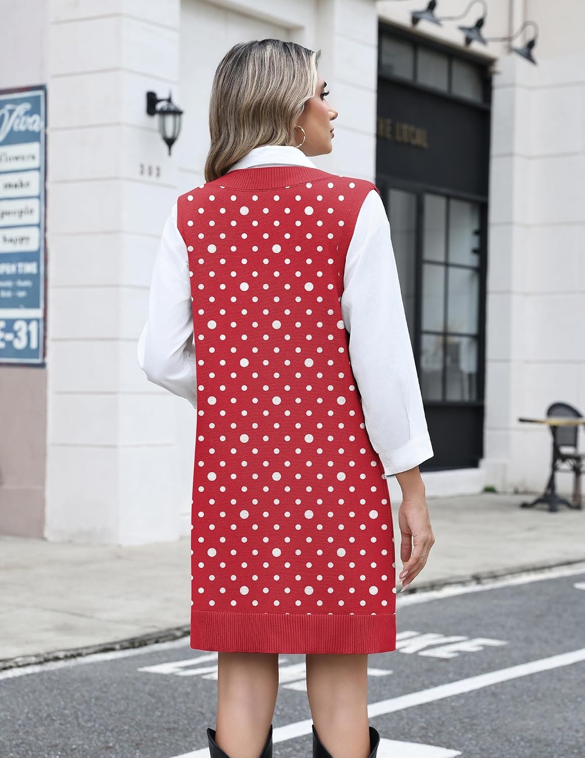 image:imageZeagoo Womens Sweater Vest Dresses Fall Knit V Neck Pullover Sweaters 2026Red Polka Dots