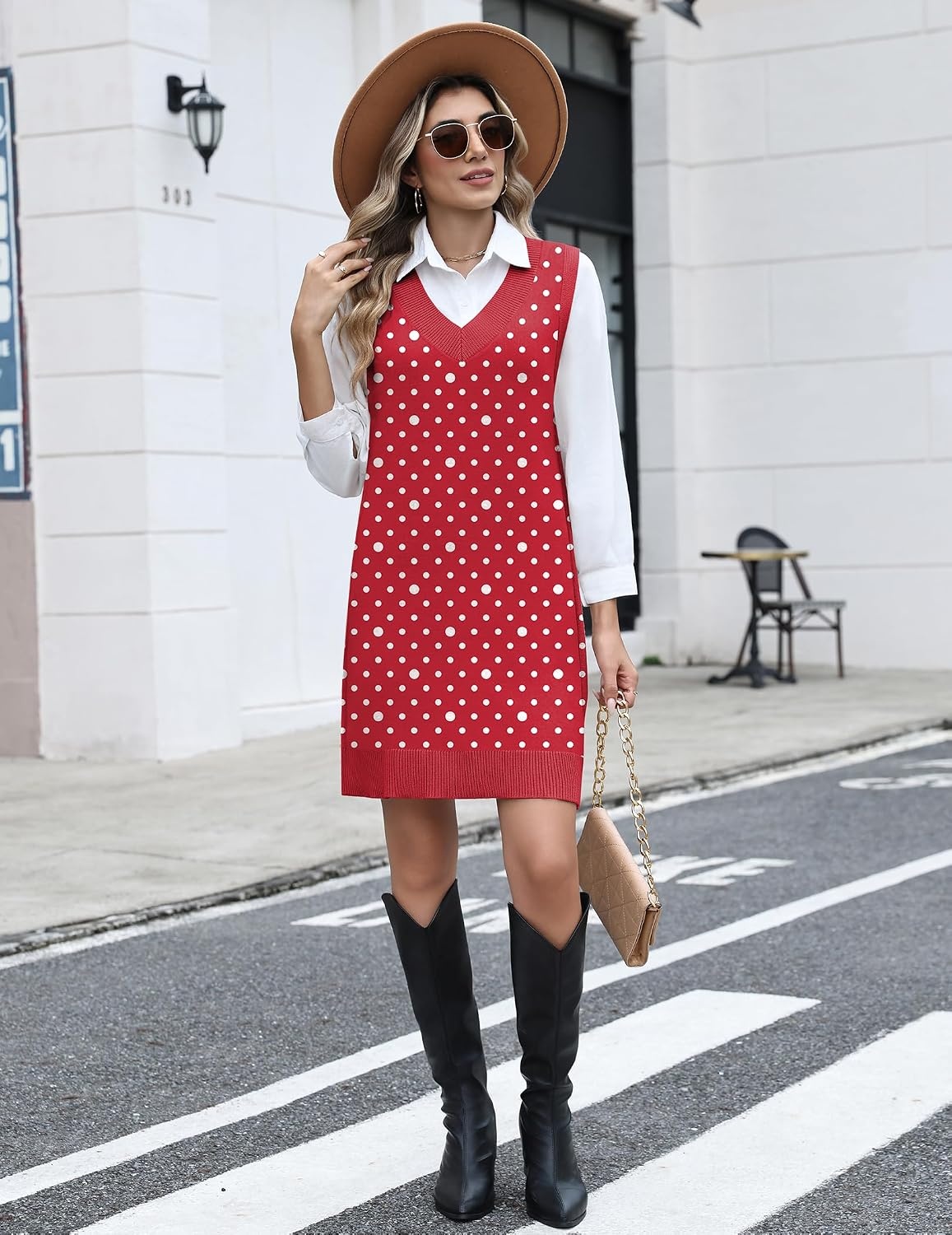image:imageZeagoo Womens Sweater Vest Dresses Fall Knit V Neck Pullover Sweaters 2026Red Polka Dots