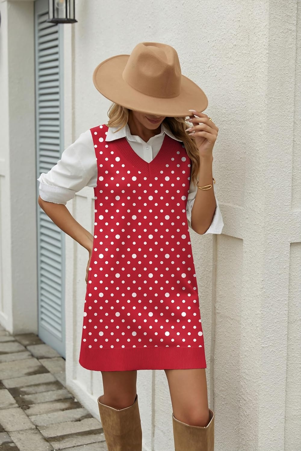 image:imageZeagoo Womens Sweater Vest Dresses Fall Knit V Neck Pullover Sweaters 2026Red Polka Dots