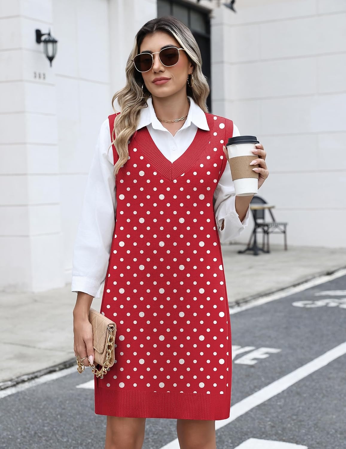 image:imageZeagoo Womens Sweater Vest Dresses Fall Knit V Neck Pullover Sweaters 2026Red Polka Dots