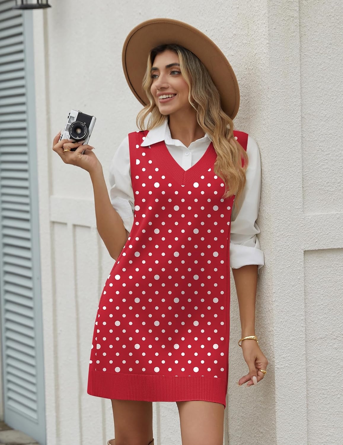 image:imageZeagoo Womens Sweater Vest Dresses Fall Knit V Neck Pullover Sweaters 2026Red Polka Dots