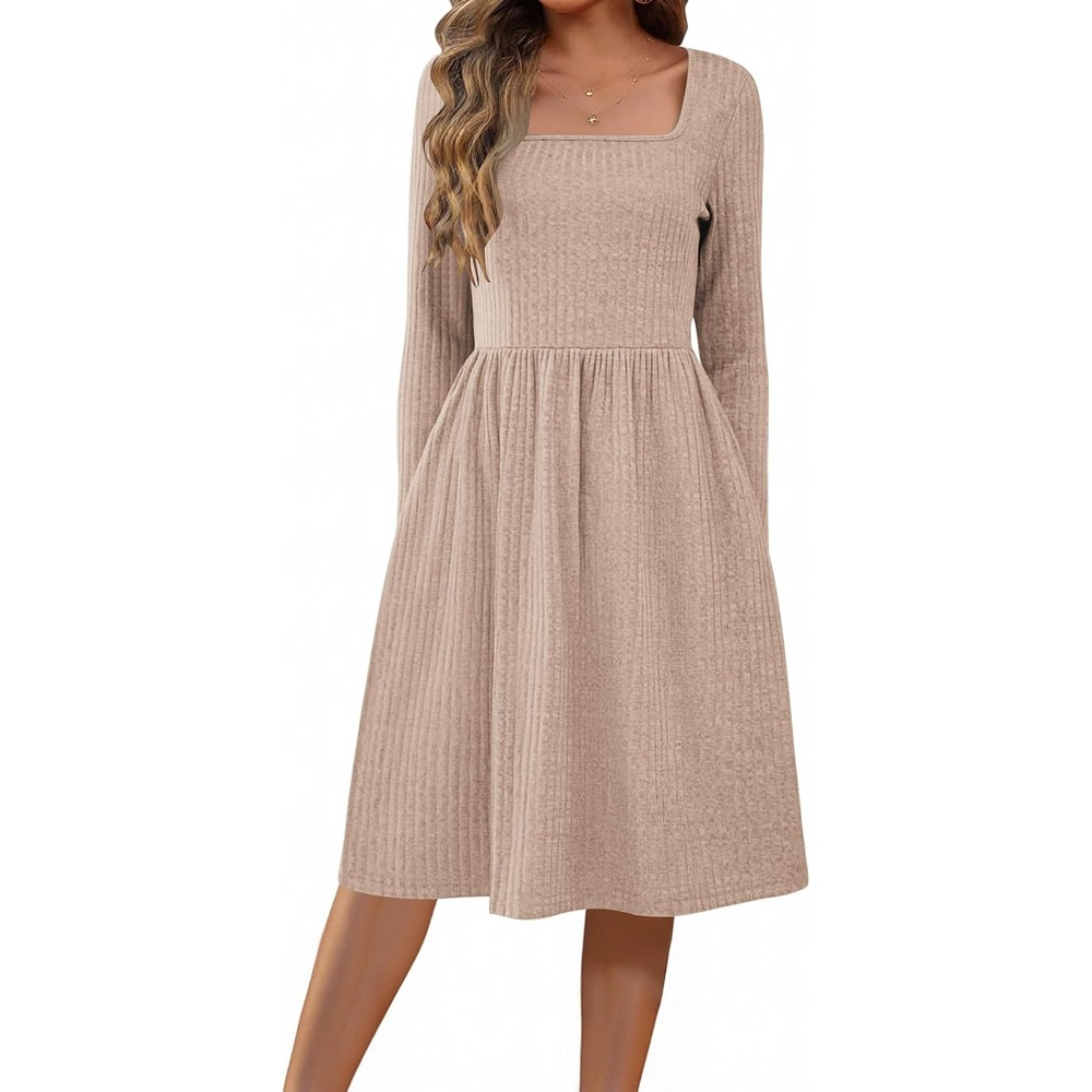 image:imageZEAGOO Women Dresses Spring Fall 2026 Sweater Dress Long Sleeve Casual Knit Dresses with PocketsApricot