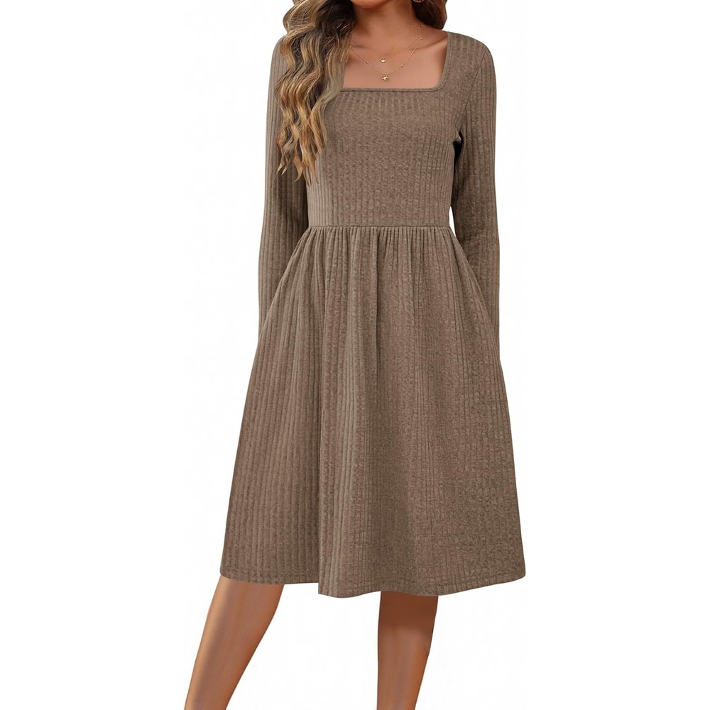 image:imageZEAGOO Women Dresses Spring Fall 2026 Sweater Dress Long Sleeve Casual Knit Dresses with PocketsBrown