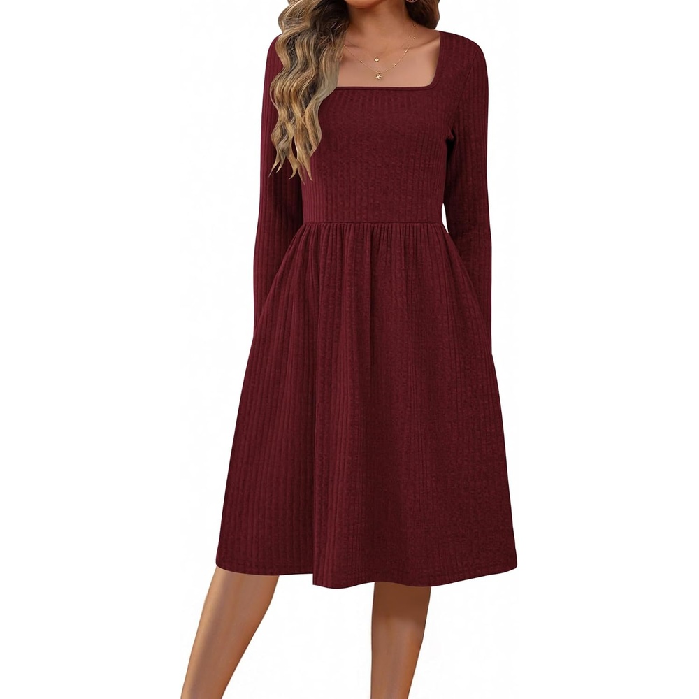 image:imageZEAGOO Women Dresses Spring Fall 2026 Sweater Dress Long Sleeve Casual Knit Dresses with PocketsWine Red