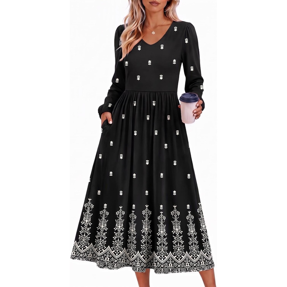 image:imageZeagoo Midi Dresses Flare Loose Fit Navy Blue Long Sleeve Flowy LadiesBlack Boho Print