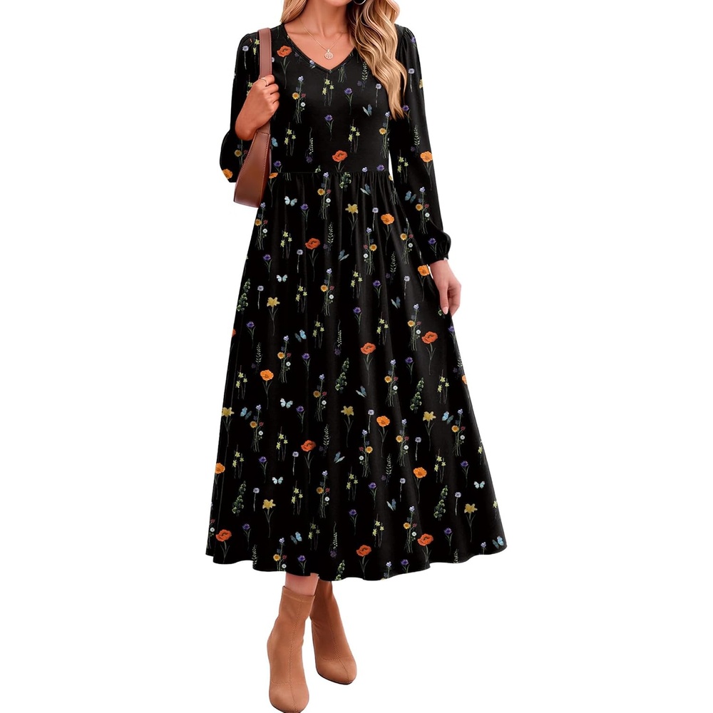 image:imageZeagoo Midi Dresses Flare Loose Fit Navy Blue Long Sleeve Flowy LadiesBlack Floral
