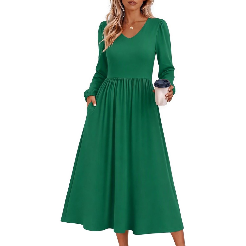 image:imageZeagoo Midi Dresses Flare Loose Fit Navy Blue Long Sleeve Flowy LadiesDark Green