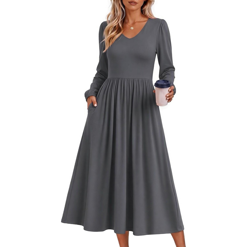 image:imageZeagoo Midi Dresses Flare Loose Fit Navy Blue Long Sleeve Flowy LadiesDark Grey