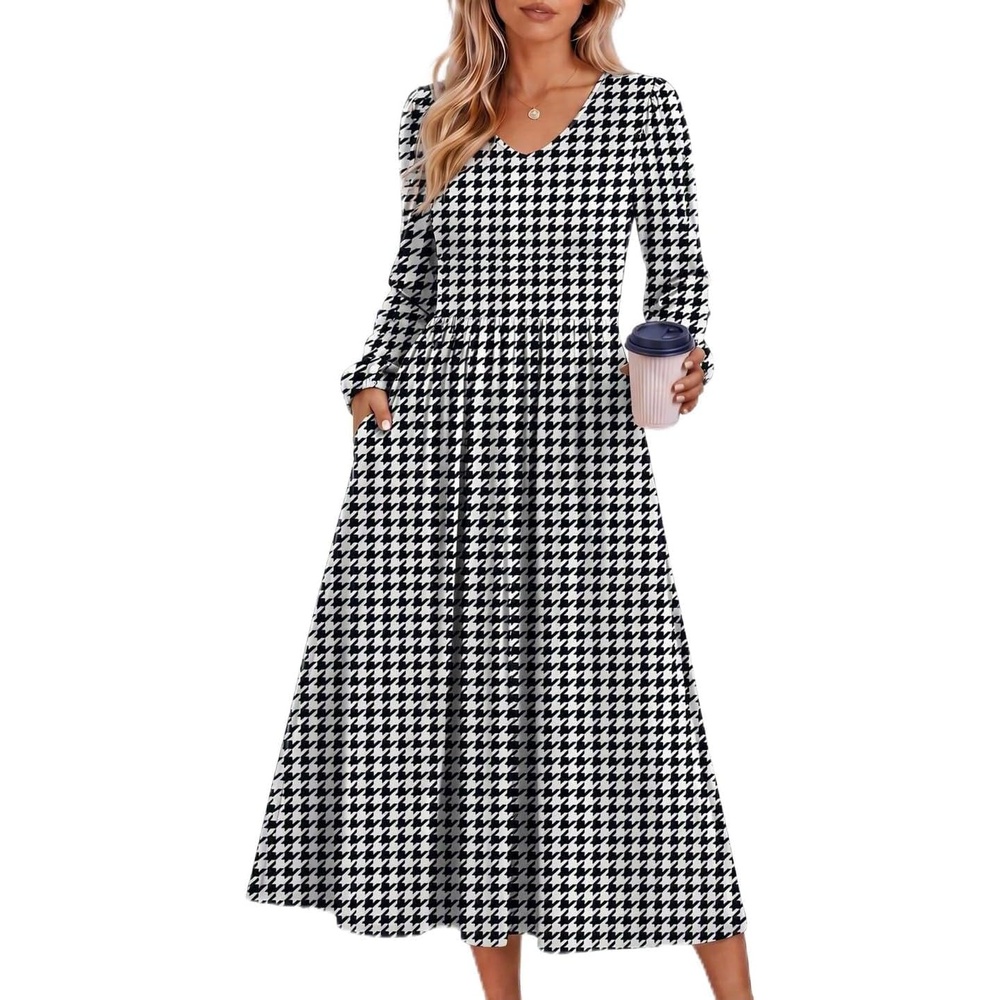image:imageZeagoo Midi Dresses Flare Loose Fit Navy Blue Long Sleeve Flowy LadiesHoundstooth
