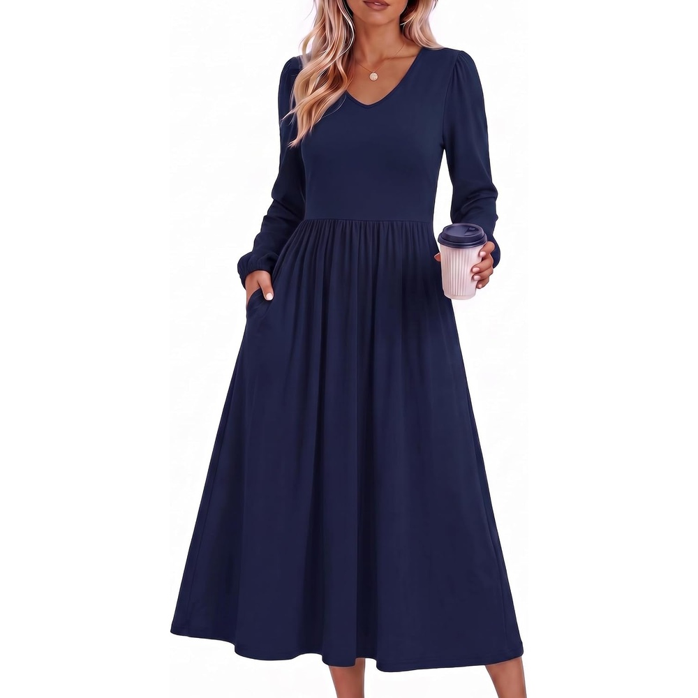 image:imageZeagoo Midi Dresses Flare Loose Fit Navy Blue Long Sleeve Flowy LadiesNavy Blue