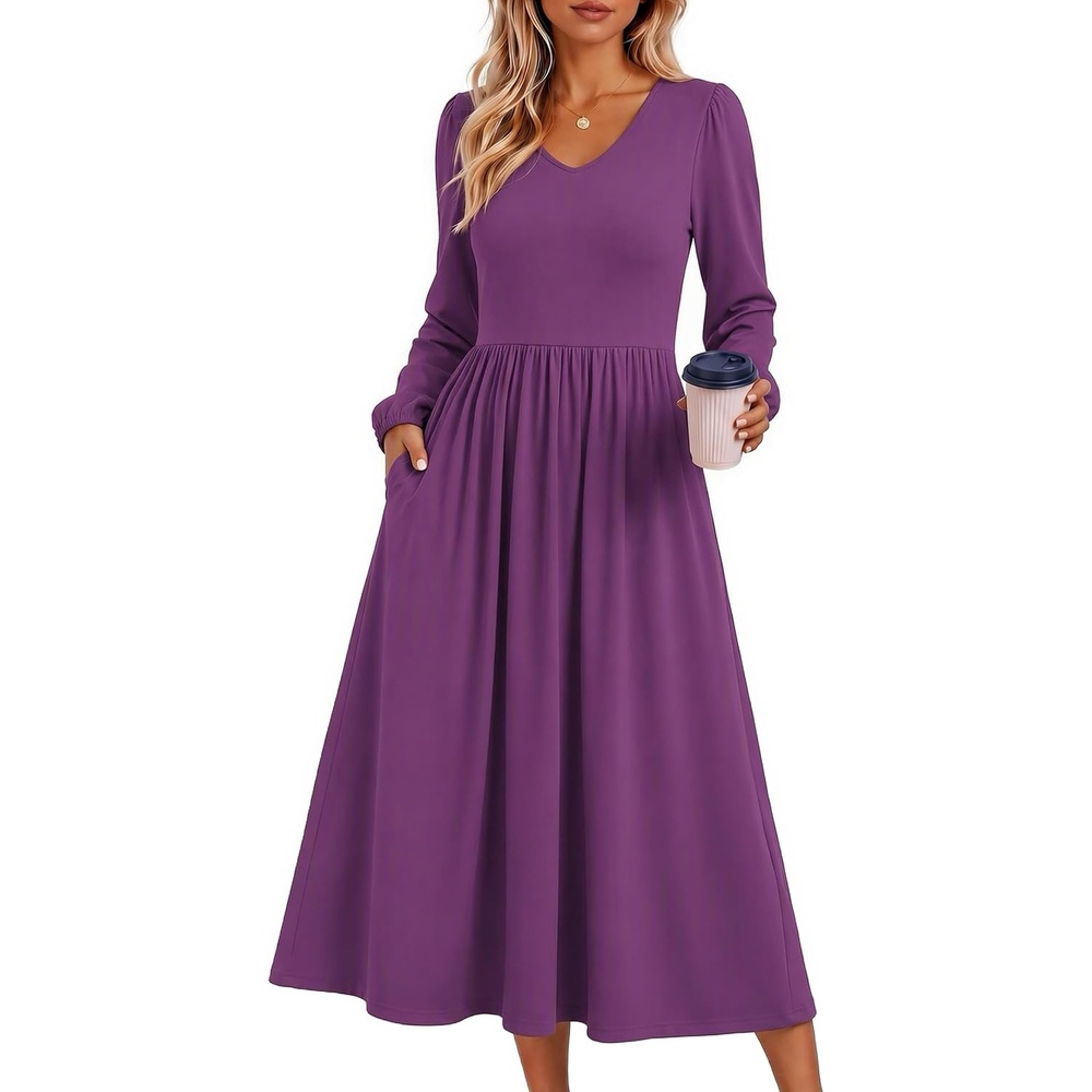 image:imageZeagoo Midi Dresses Flare Loose Fit Navy Blue Long Sleeve Flowy LadiesPurple