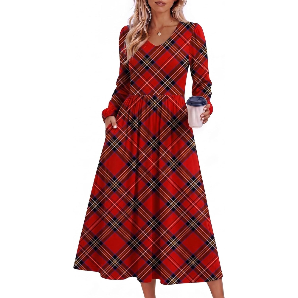 image:imageZeagoo Midi Dresses Flare Loose Fit Navy Blue Long Sleeve Flowy LadiesRed Plaid