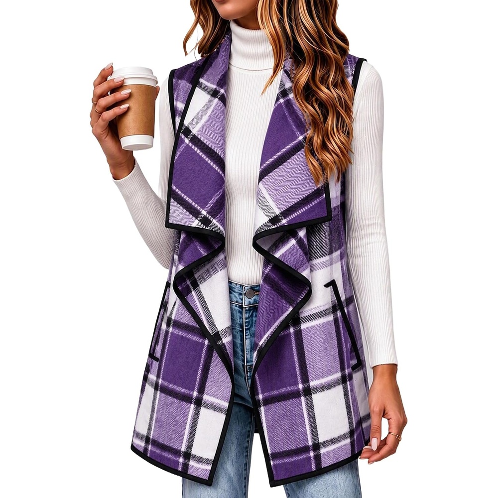 image:imageZeagoo Women Vest Long Plaid Jackets Sleeveless Flannel Coats with PocketsPurplegz663