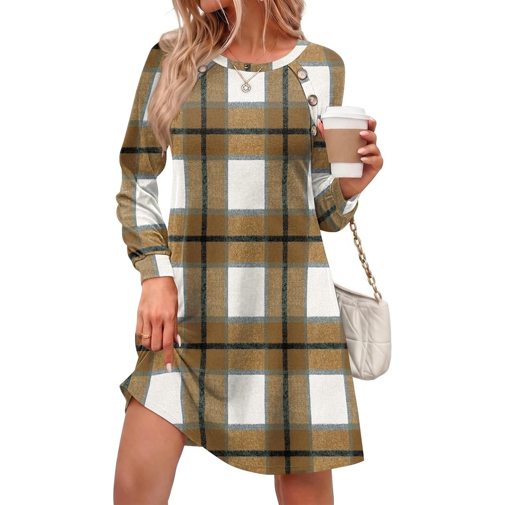 image:imageZeagoo Womens Long Sleeve Tunic Dress Side Button Crew Neck Casual Flowy Fall Winter ALine Dress with PocketsA02browm Plaid
