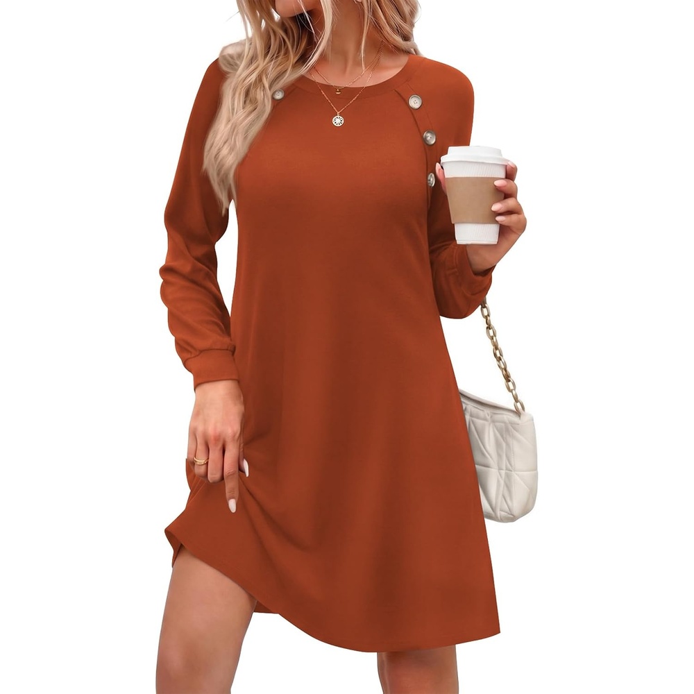 image:imageZeagoo Womens Long Sleeve Tunic Dress Side Button Crew Neck Casual Flowy Fall Winter ALine Dress with PocketsCaramel