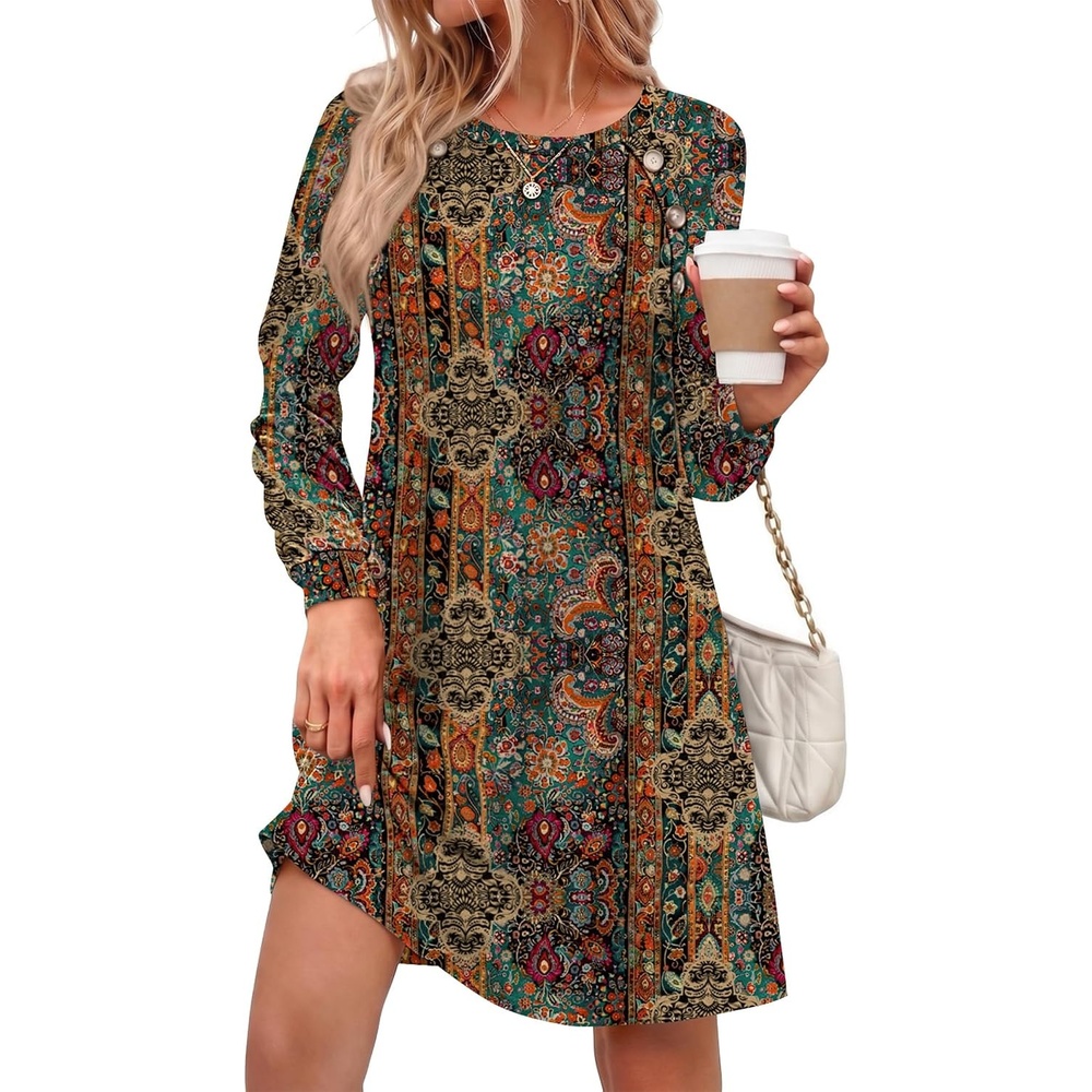 image:imageZeagoo Womens Long Sleeve Tunic Dress Side Button Crew Neck Casual Flowy Fall Winter ALine Dress with PocketsChic Printed