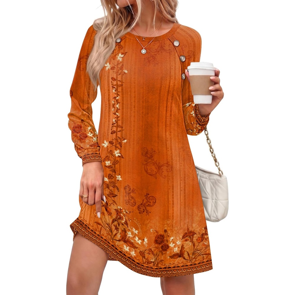 image:imageZeagoo Womens Long Sleeve Tunic Dress Side Button Crew Neck Casual Flowy Fall Winter ALine Dress with PocketsOrange Floral