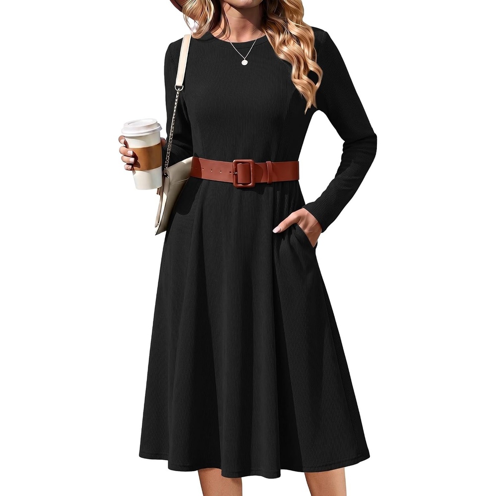 image:imageZeagoo Womens Sweater Dress Long Sleeve Ribbed Knit Flowy Midi Fall DressesBlack